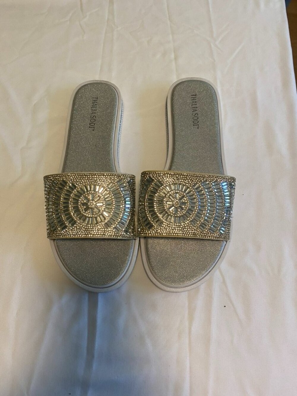 Sparkly Slip-on Silver Bedazzled Flat Sandals Size 10M